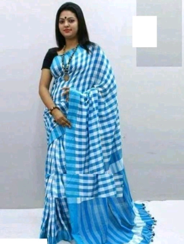 Handloom  Checked  Cotton Saree With Separate   Same louse Peace -  Light Blue